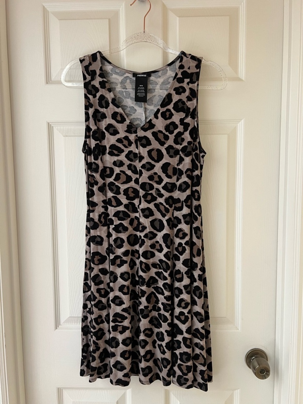 Premise Taupe and Black Sleeveless Leopard V-Neck Mini Dress